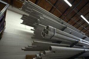 Industrial piping system components packaged and organized for project installation